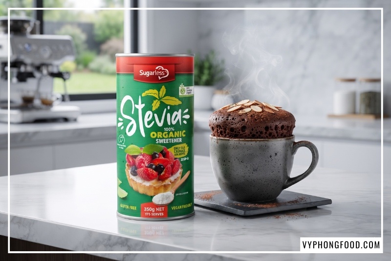 Hình ảnh chiếc bánh mug cake cacao xốp mềm minh họa chi tiết cho cách làm bánh bông lan bằng đường ăn kiêng bằng lò vi sóng siêu tốc. Món bánh được tạo ngọt tự nhiên bằng đường cỏ ngọt Sugarless dạng lon 350g, hoàn toàn không chứa calo, giúp dân văn phòng bận rộn dễ dàng thưởng thức đồ ngọt lành mạnh, tốt cho sức khỏe chỉ trong 5 phút chuẩn bị.
