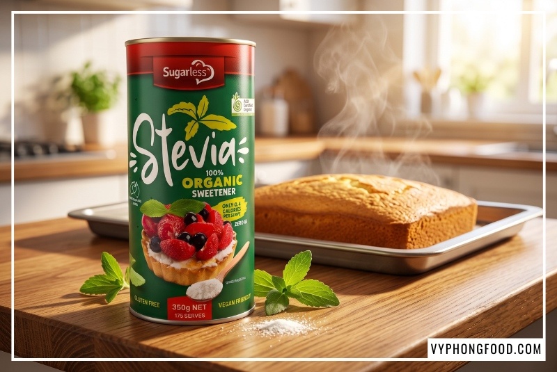 Lon Đường cỏ ngọt Sugarless dạng lon 350g chính hãng của Vy Phong Food đặt trên bàn gỗ sồi cạnh khay bánh bông lan vàng ươm vừa nướng xong, giải đáp cho người tiêu dùng câu hỏi nên mua đường cỏ ngọt stevia ở đâu để làm bánh 0 calo chịu nhiệt tốt và không bị đắng hậu.