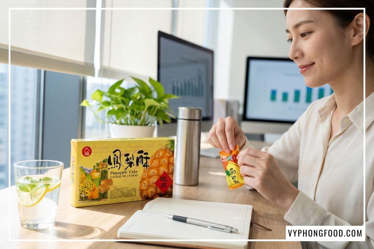 Nhân viên văn phòng mở gói bánh dứa Taiwan nhỏ gọn cạnh hộp Nice Choice trên bàn làm việc sáng màu.
