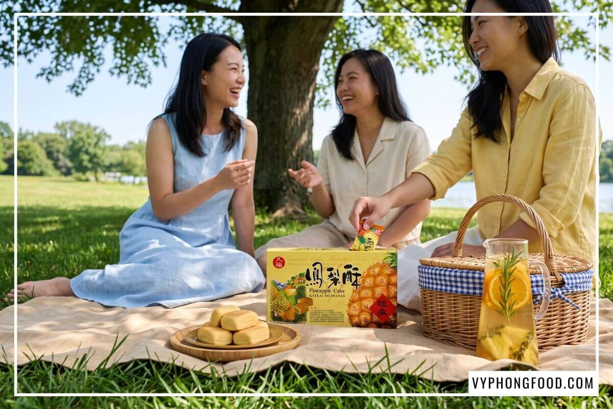 Đĩa bánh dứa Taiwan xếp cánh quạt cạnh bình trà hoa quả trên thảm picnic ngoài trời.