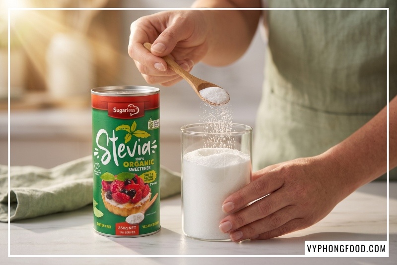 Hình ảnh lon Đường cỏ ngọt Sugarless 350g giúp người dùng quản lý calo trong đường ăn kiêng hiệu quả, minh họa cho giải pháp thay thế đường tinh luyện an toàn, hỗ trợ chế độ Keto và bảo vệ sức khỏe gia đình.