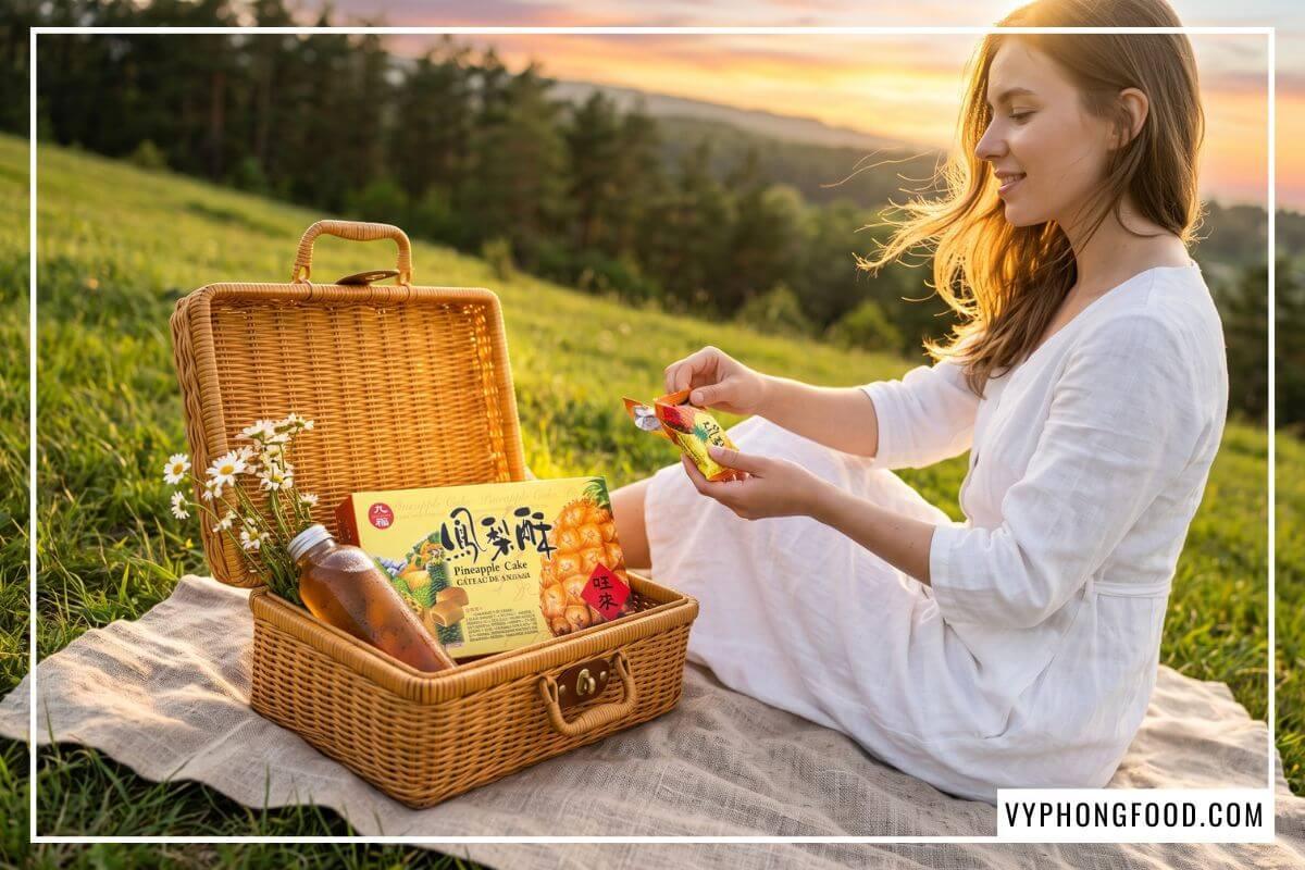 Hộp đựng bánh dứa Đài Loan Nice Choice trong giỏ mây dã ngoại đồi cỏ cạnh bình trà ủ lạnh đọng sương.