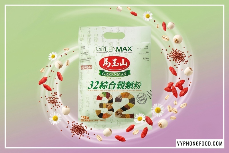 Bao bì sản phẩm bột ngũ cốc dinh dưỡng các loại hạt Greenmax Đài Loan nổi bật trên nền gradient xanh tím với hiệu ứng lốc xoáy nghệ thuật chứa hạt sen, yến mạch và kỷ tử bay bổng sinh động chứng minh cam kết nhãn sạch.