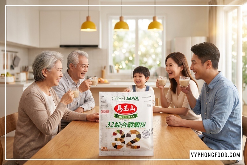 Cận cảnh túi bột ngũ cốc dinh dưỡng các loại hạt Greenmax không đường của Vy Phong Food trên bàn ăn, hậu cảnh mờ bokeh là hình ảnh gia đình nhiều thế hệ đang quây quần vui vẻ thưởng thức ly ngũ cốc ấm áp.