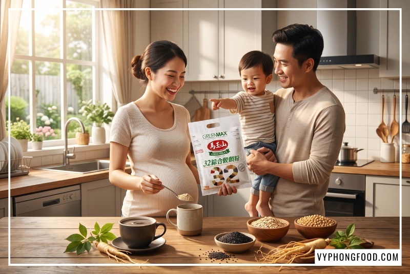 Mẹ bầu Việt Nam cùng gia đình vui vẻ pha chế ly bột ngũ cốc dinh dưỡng cho mẹ bầu từ 32 loại hạt Greenmax, giải pháp an toàn giúp kiểm soát tiểu đường thai kỳ.