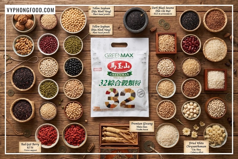 Bố cục nghệ thuật sắp đặt 32 thành phần thiên nhiên cao cấp bao quanh túi bột ngũ cốc dinh dưỡng cho mẹ bầu Greenmax Đài Loan, khẳng định chất lượng không biến đổi gen.