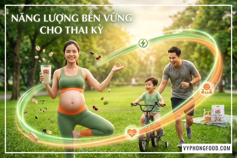 Mẹ bầu rạng rỡ tập yoga buổi sáng tại công viên cùng ly bột ngũ cốc dinh dưỡng cho mẹ bầu thương hiệu Greenmax, minh họa cho sự dẻo dai và năng lượng bền vững.