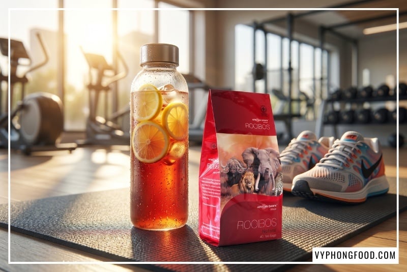 Vận động viên uống trà rooibos Nam Phi bù khoáng tự nhiên sau khi tập luyện cường độ cao. Đây là giải pháp hydrat hóa thay thế nước điện giải công nghiệp, giúp phục hồi cơ bắp, giảm đau nhức và cung cấp chất chống oxy hóa hoàn toàn không chứa caffeine.