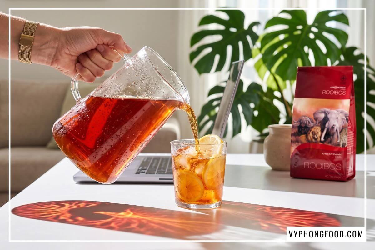 Nước trà đỏ hổ phách rót xuống ly thủy tinh chứa đầy đá viên và lát chanh vàng lấp lánh dưới nắng.