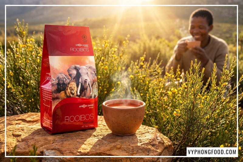 Gói trà túi lọc African Dawn đặt trên đá sa thạch giữa khung cảnh bình minh Cederberg, cung cấp nguồn hồng trà Nam Phi sỉ nguyên liệu chính ngạch không caffeine cho quán đồ uống.