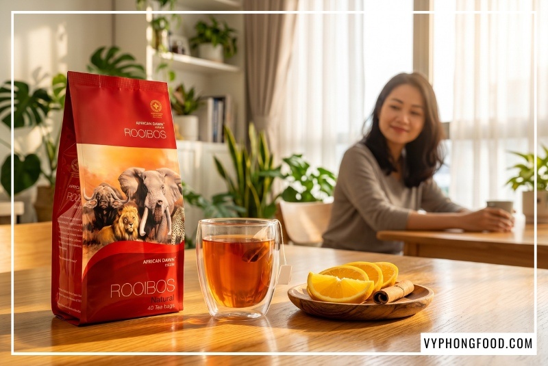 Tách trà 2 lớp cùng gói hồng trà Nam Phi sỉ nguyên liệu African Dawn trên bàn gỗ hiện đại, minh họa lối sống healthy và pha chế đồ uống thư giãn không caffeine.