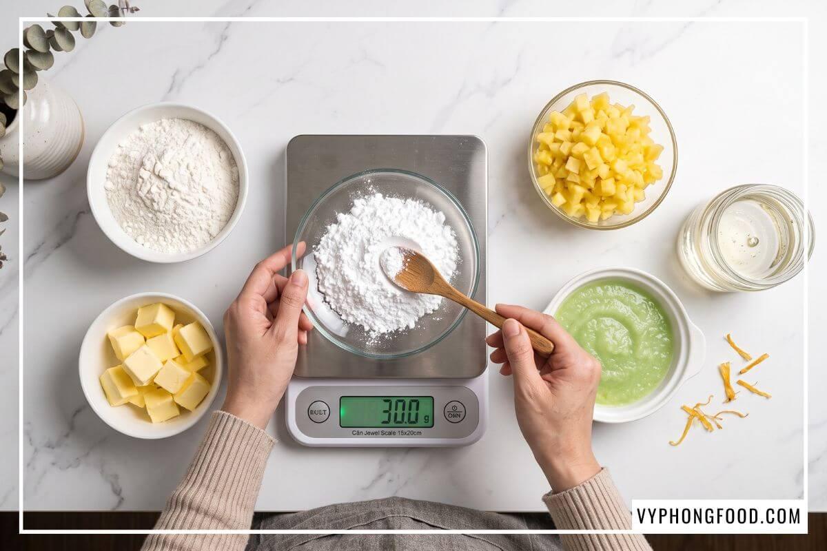 Đong bột đường trên cân điện tử cùng khay nguyên liệu làm bánh dứa gồm bột mì, bơ lạt, dứa tươi và bí đao