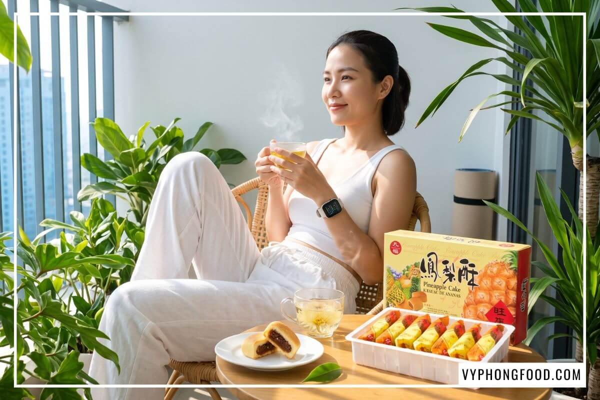 Nửa chiếc bánh dứa ít ngọt thanh mát và tách trà hoa cúc bên hộp bánh dứa Nice Choice trên bàn ban công sớm mai