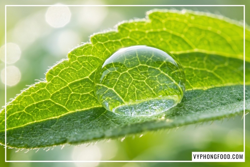 Chiếc lá cây cỏ ngọt stevia tự nhiên đọng giọt sương mai trong vắt phóng to các đường gân lá giúp người tiêu dùng hiểu rõ nguồn gốc thực vật trước khi quyết định tìm mua đường cỏ ngọt stevia ở đâu tinh khiết bảo vệ tế bào.