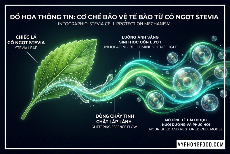 Đồ họa thông tin dòng chảy tinh chất lá stevia chuyển hóa thành ánh sáng sinh học giúp làm giảm cholesterol xấu LDL và kháng viêm tế bào, minh chứng khoa học trả lời cho câu hỏi mua đường cỏ ngọt stevia ở đâu có dược tính cao.