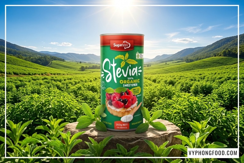Sản phẩm Đường cỏ ngọt Sugarless dạng lon 350g chính hãng đặt giữa thung lũng cỏ ngọt ngập tràn ánh nắng, điểm đến lý tưởng giải quyết triệt để nhu cầu tìm mua đường cỏ ngọt stevia ở đâu uy tín của Vy Phong Food.