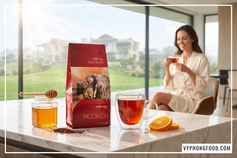 Gói trà rooibos thô nhập khẩu African Dawn đỏ sẫm cao cấp đặt trên mặt bàn đảo bếp đá cẩm thạch trắng penthouse sang trọng, bên cạnh tách thủy tinh chứa nước hồng trà Nam Phi màu đỏ hổ phách óng ánh đón bình minh.