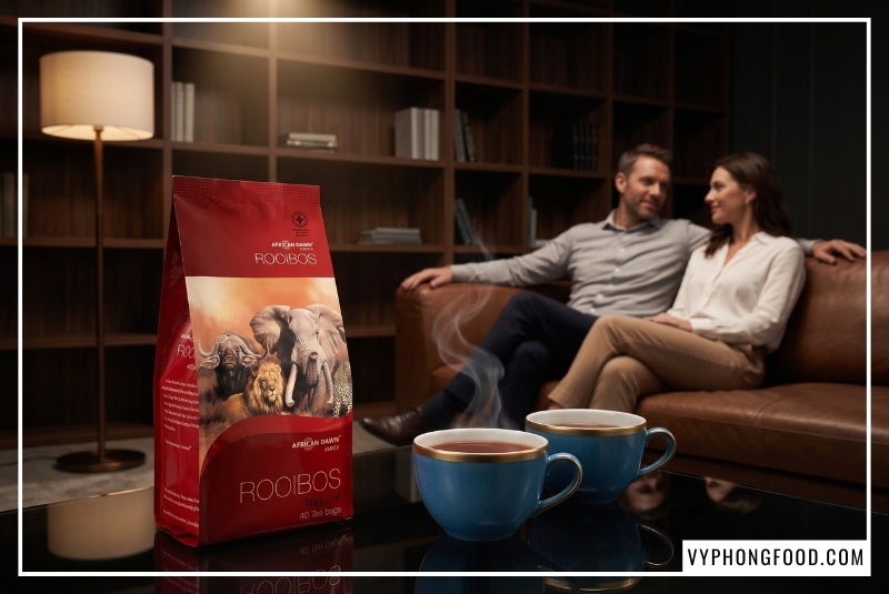 Hộp trà rooibos thô nhập khẩu thương hiệu African Dawn chính hãng đặt dưới ánh đèn rọi spotlight ấm áp trên bàn kính, phía sau là cặp đôi doanh nhân đang ngồi sofa da thư giãn bên hai tách hồng trà Nam Phi túi lọc bốc khói nhẹ.