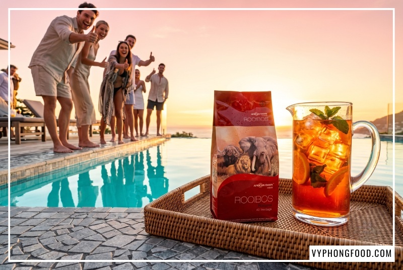 Bình pha lê chứa trà rooibos thô nhập khẩu Cold Brew màu cam đỏ trong vắt với đá viên lấp lánh đặt cạnh gói trà African Dawn trên khay mây sang trọng bên hồ bơi vô cực resort 5 sao lúc hoàng hôn.