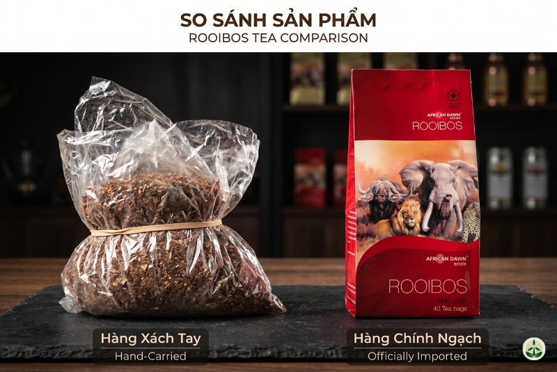 Túi hồng trà rooibos nam phi African Dawn nhập khẩu chính ngạch đặt cạnh tách hồng trà rooibos nam phi màu đỏ hổ phách. Giải pháp hoàn hảo cho câu hỏi trà rooibos mua ở đâu để đảm bảo an toàn, không nấm mốc và tận dụng tối đa công dụng của trà thảo mộc tốt cho sức khỏe gia đình.