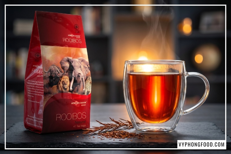 Túi hồng trà rooibos nam phi African Dawn nhập khẩu chính ngạch đặt cạnh tách hồng trà rooibos nam phi màu đỏ hổ phách. Giải pháp hoàn hảo cho câu hỏi trà rooibos mua ở đâu để đảm bảo an toàn, không nấm mốc và tận dụng tối đa công dụng của trà thảo mộc tốt cho sức khỏe gia đình.
