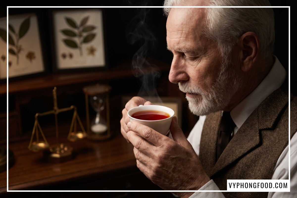 Chuyên gia nếm trà nâng chén sứ chứa nước trà rooibos Nam Phi loại nào tốt nhất màu đỏ ruby lên kiểm tra.