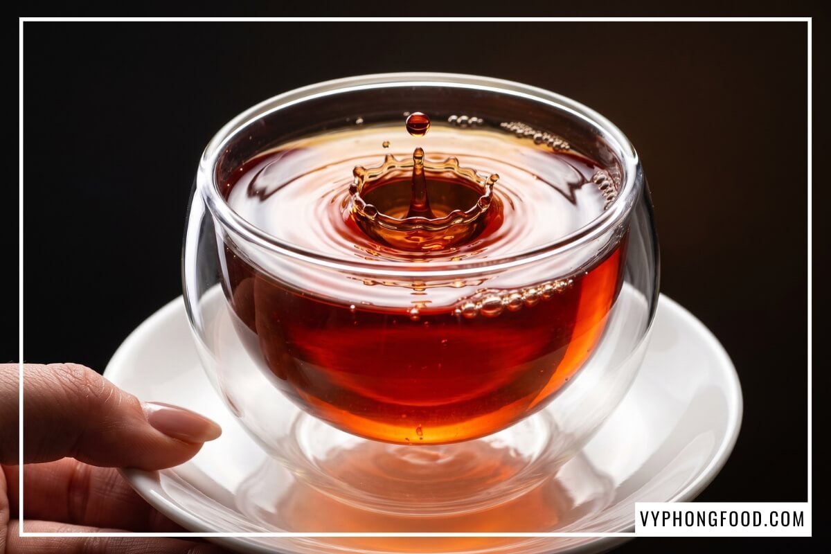 Giọt tinh chất trà rooibos Nam Phi loại nào tốt nhất rơi xuống mặt nước tạo sóng tròn đồng tâm lấp lánh.