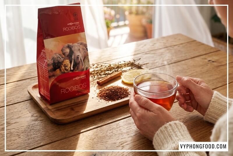 Mua hồng trà rooibos Nam Phi dạng túi lọc ở đâu chính hãng bên khay gỗ, lát chanh và tách trà tỏa khói nhẹ.