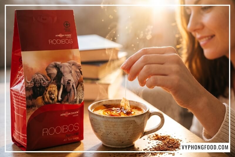 Thắc mắc mua hồng trà rooibos Nam Phi dạng túi lọc ở đâu qua hình ảnh hãm túi lọc trà đỏ trong tách sứ.