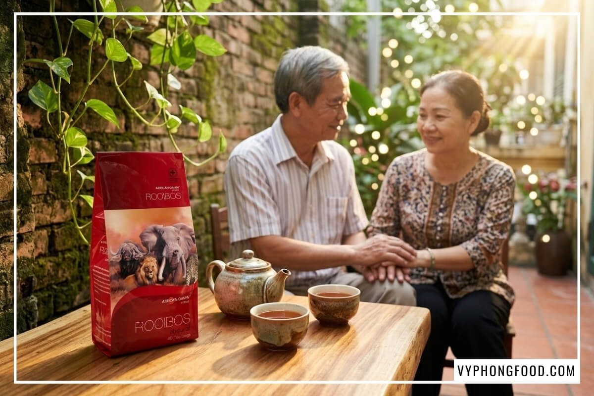 Vợ chồng già uống trà rooibos túi lọc cho người cao tuổi màu đỏ đất ấm áp bên ban công nhiều cây xanh.