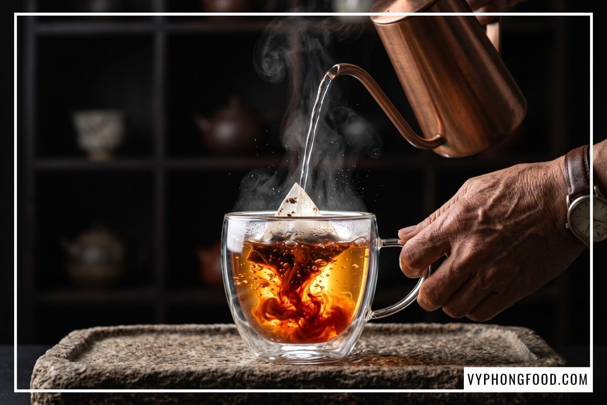 Dòng nước nóng rót vào túi lọc làm bung tỏa sắc đỏ hổ phách trà rooibos túi lọc cho người cao tuổi.
