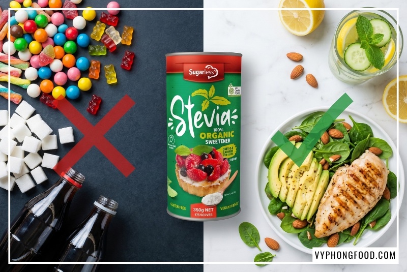 Sản phẩm đường cỏ ngọt Sugarless dạng lon 350g đặt cạnh ly sinh tố protein Keto cho người tập gym, minh họa trực quan cây cỏ ngọt có tác dụng gì trong việc thỏa mãn cơn thèm ngọt, cắt giảm calo rỗng và thúc đẩy quá trình đốt mỡ tự nhiên mà không làm tăng chỉ số đường huyết GI.