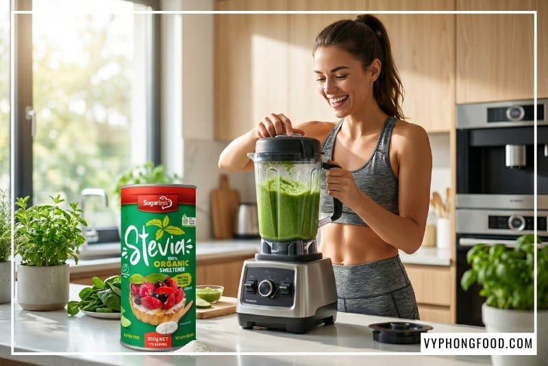 Sản phẩm đường cỏ ngọt Sugarless dạng lon 350g đặt cạnh ly sinh tố protein Keto cho người tập gym, minh họa trực quan cây cỏ ngọt có tác dụng gì trong việc thỏa mãn cơn thèm ngọt, cắt giảm calo rỗng và thúc đẩy quá trình đốt mỡ tự nhiên mà không làm tăng chỉ số đường huyết GI.