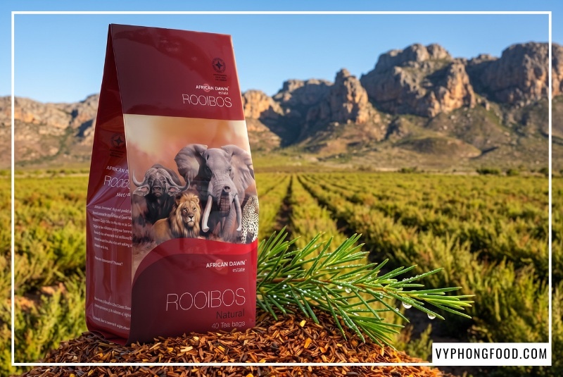 Gói bao bì Hồng trà Rooibos African Dawn màu đỏ tại cánh đồng Cederberg Nam Phi, nguồn nguyên liệu trà rooibos pha chế sỉ chính ngạch nhập khẩu bởi Vy Phong Food.