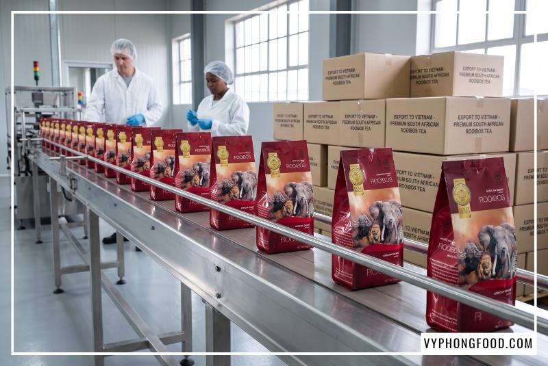 Dây chuyền đóng gói trà rooibos pha chế sỉ African Dawn chuẩn xuất khẩu tại Nam Phi do Vy Phong Food nhập khẩu độc quyền và phân phối chính ngạch.