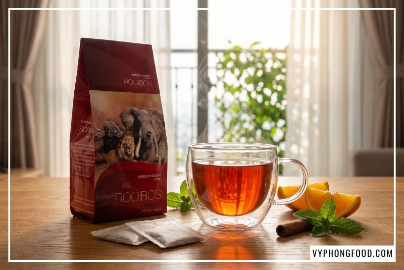Tách trà rooibos màu đỏ hổ phách sánh mịn cạnh gói trà African Dawn túi lọc, giải pháp trà rooibos pha chế sỉ cao cấp không caffeine do Vy Phong Food phân phối.