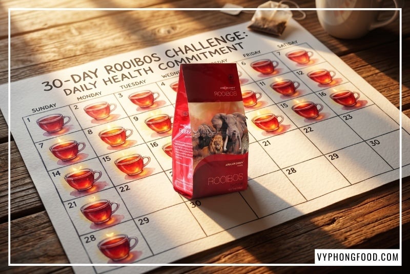 Hình ảnh minh họa lộ trình thử thách 30 ngày tái tạo cơ thể với trà rooibos Nam Phi, giải đáp chi tiết trà rooibos có tác dụng gì trong việc thanh lọc hệ tiêu hóa, ổn định đường huyết và hỗ trợ giấc ngủ chuẩn khoa học.