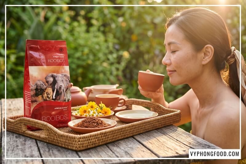 Gói trà thảo mộc thiên nhiên đỏ rực đặt trên khay mây cùng đĩa lá trà khô dưới nắng giờ vàng.