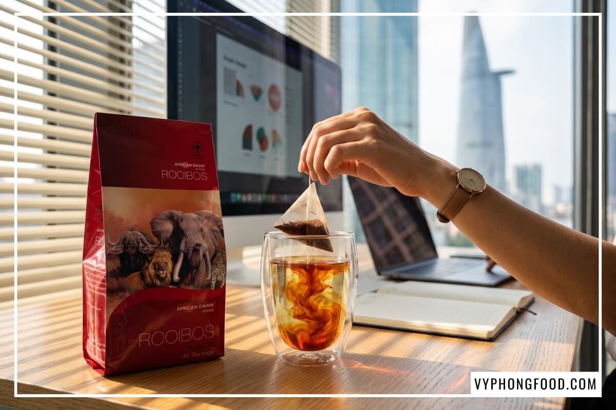Nữ nhân viên thả gói trà rooibos dạng túi lọc tiện lợi cho dân văn phòng vào ly thủy tinh bên khung cửa sổ.
