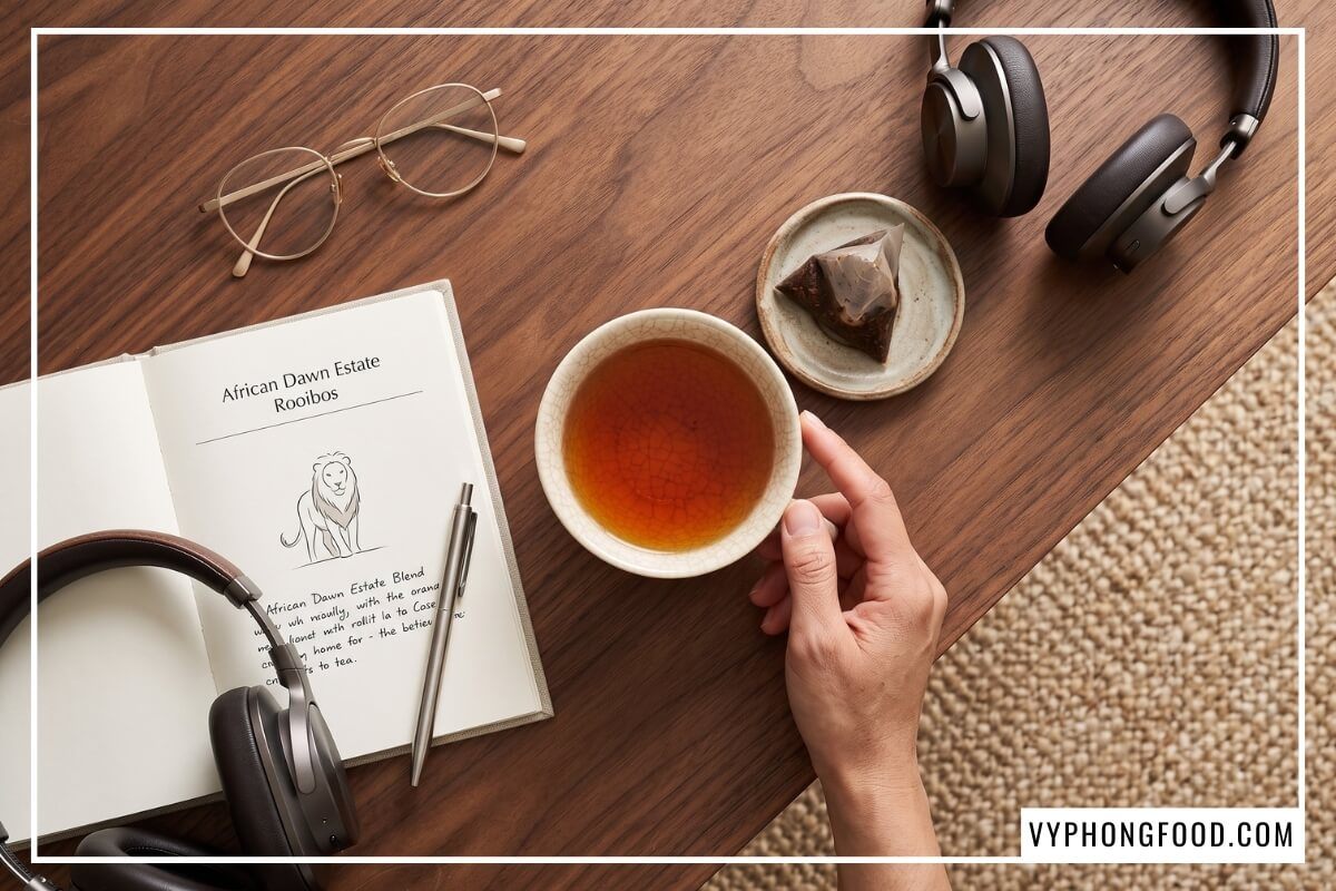 Tách sứ trắng đựng nước hồng trà đỏ thắm đặt trên bàn gỗ óc chó cùng sổ tay và kính mắt.