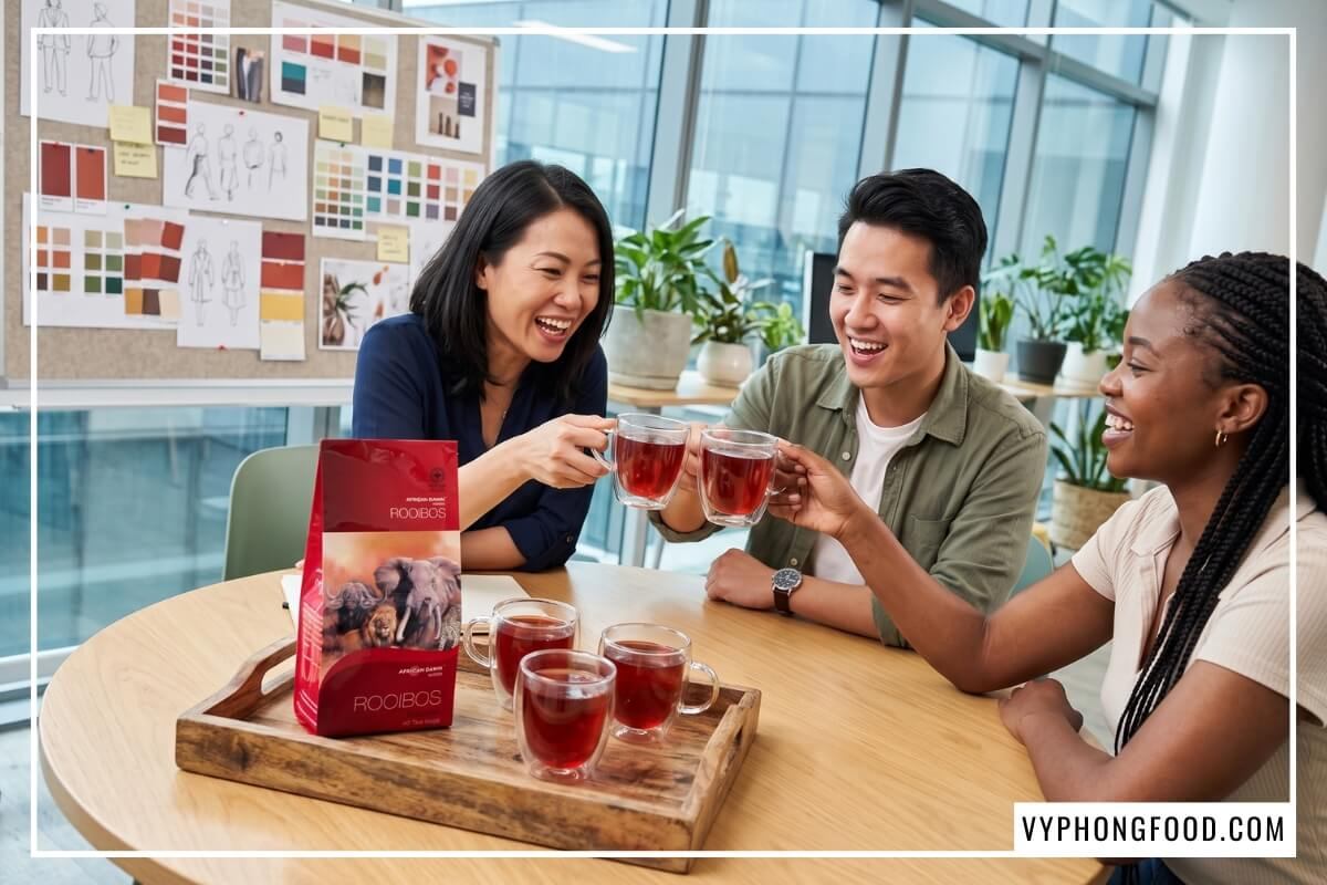 Hộp trà rooibos dạng túi lọc tiện lợi cho dân văn phòng giữa nhóm đồng nghiệp đang chạm ly.