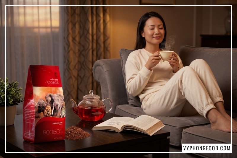 Người dùng thư giãn với trà rooibos khi tìm hiểu uống trà thảo mộc giảm cân có tốt không