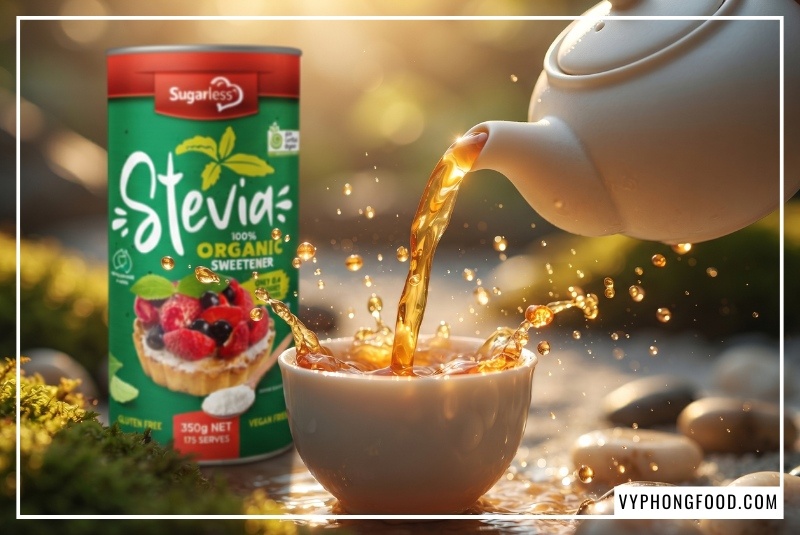 Lon Đường cỏ ngọt Sugarless 350g đặt cạnh bộ ấm chén trà bằng sứ trắng trên ban công ngập nắng, minh họa giải pháp uống trà thảo mộc thư giãn mà không lo tăng calo trong đường ăn kiêng.