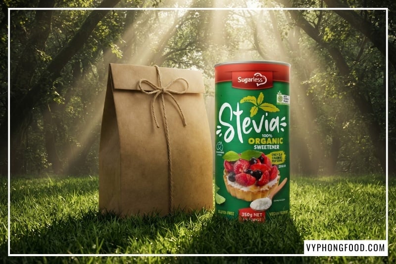 Sản phẩm đường cỏ ngọt Sugarless dạng lon 350g đạt chứng nhận hữu cơ Australian Certified Organic (ACO) Úc được thiết kế trong không gian xanh eco-chic, minh họa trực quan cho câu hỏi cây cỏ ngọt có tác dụng gì đối với sức khỏe; đây là chất tạo ngọt stevia organic thuần chay giúp thanh lọc cơ thể, không chứa calo và bảo vệ hệ tiêu hóa tự nhiên.