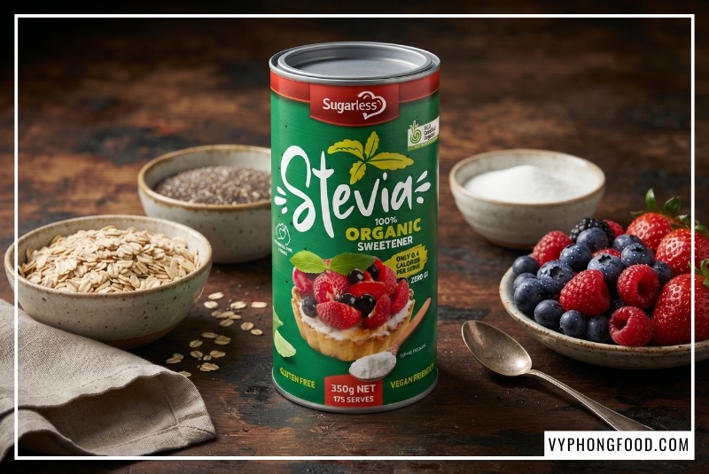 Sản phẩm đường cỏ ngọt Sugarless dạng lon 350g đạt chứng nhận hữu cơ Australian Certified Organic (ACO) Úc được thiết kế trong không gian xanh eco-chic, minh họa trực quan cho câu hỏi cây cỏ ngọt có tác dụng gì đối với sức khỏe; đây là chất tạo ngọt stevia organic thuần chay giúp thanh lọc cơ thể, không chứa calo và bảo vệ hệ tiêu hóa tự nhiên.