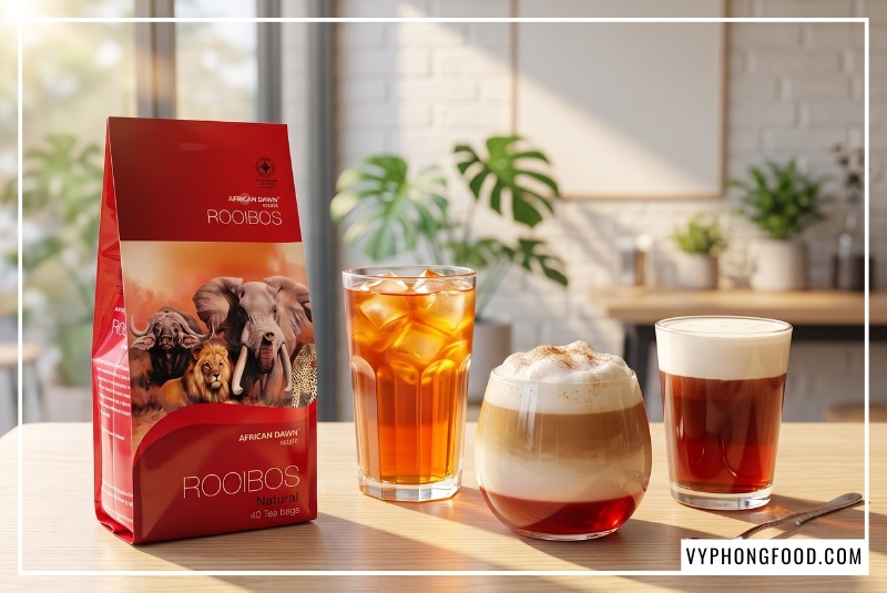 Gói trà rooibos nguyên liệu African Dawn đứng nổi bật bên các ly trà sữa truyền thống và latte sữa hạt béo ngậy.