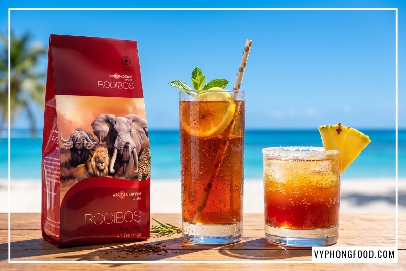 Gói trà rooibos nguyên liệu African Dawn tỏa sáng dưới nắng biển bên ly cold brew mát lạnh và mocktail sủi bọt.