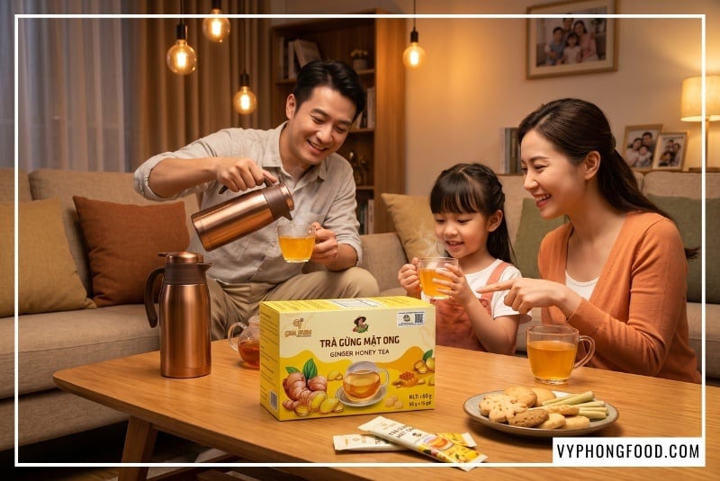 Gia đình hạnh phúc quây quần bên bàn phòng khách thưởng thức tách trà nóng cạnh hộp trà gừng mật ong hòa tan QNA Farm 60g chính hãng, minh họa bài viết hướng dẫn làm trà gừng mật ong giúp bảo vệ sức khỏe cả nhà từ vyphongfood.com.