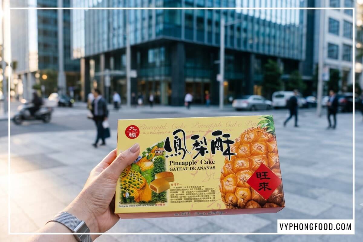 Hộp bánh dứa Đài Loan chính hãng vuông vức trên tay người đi bộ giữa nắng sớm TP. Hồ Chí Minh