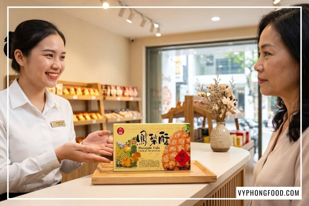 Nhân viên giới thiệu hộp bánh Nice Choice cho khách tại cửa hàng bánh dứa Đài Loan trên đường Sư Vạn Hạnh